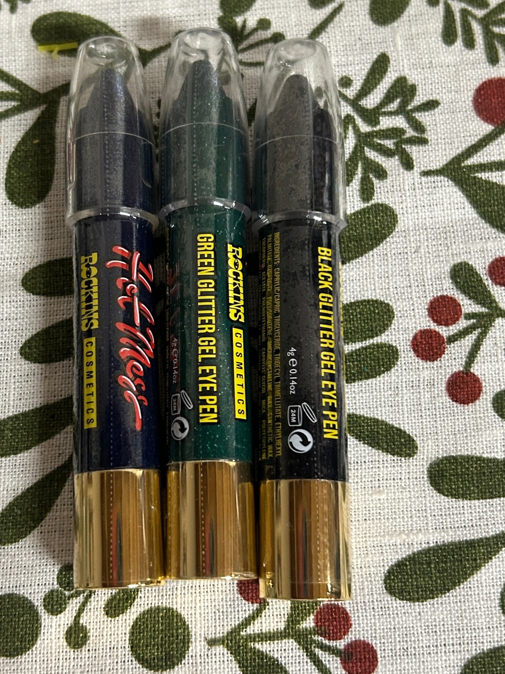 ROCKINS Cosmetics Hot Mess Threesome Glitter Gel Eye Shadow Pen Black Blue Green - Picture 3 of 6